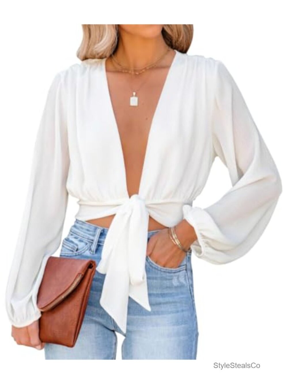 Women's Deep V Neck Long Puff Sleeve Tie Front Crop Top